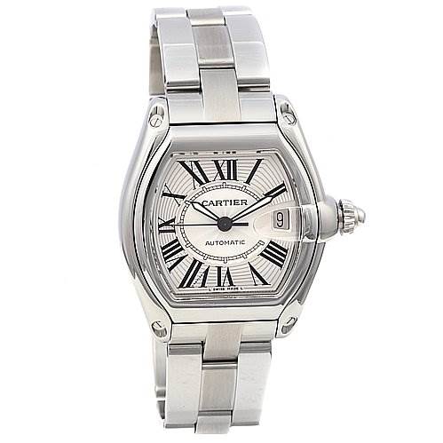 The image shows a Cartier Roadster W62025V3 Men's Stainless Steel Silver Dial W62025V3 Men's Stainless Steel Silver Dial watch from a front angle, highlighting the dial, case, bracelet, and crown.