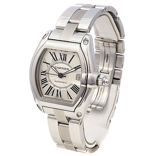 The image shows a Cartier Roadster W62025V3 Men's Stainless Steel Silver Dial W62025V3 Men's Stainless Steel Silver Dial watch from a front angle, highlighting its dial, Roman numerals, and stainless steel bracelet.