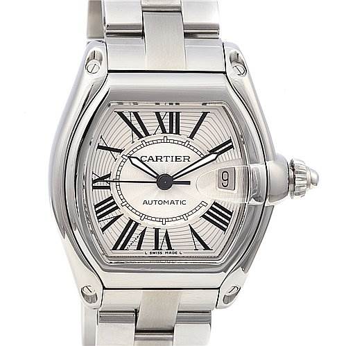 This image features a front view of the Cartier Roadster W62025V3 Men's Stainless Steel Silver Dial W62025V3 Men's Stainless Steel Silver Dial watch, showing the face, casing, and part of the bracelet.