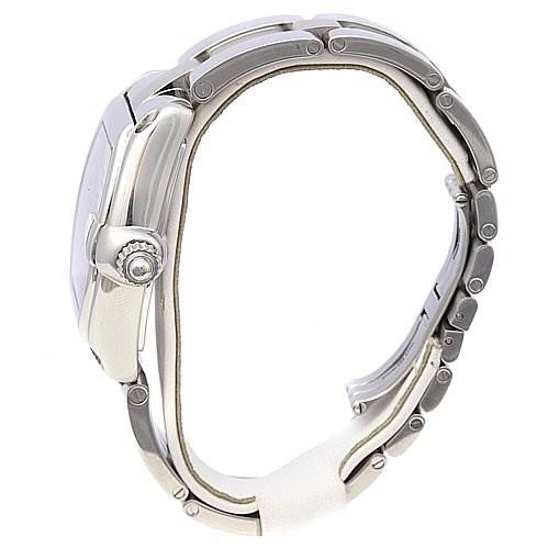 Side view of the Cartier Roadster W62025V3 Men's Stainless Steel Silver Dial W62025V3 Men's Stainless Steel Silver Dial watch, showcasing the crown, case, and bracelet links.
