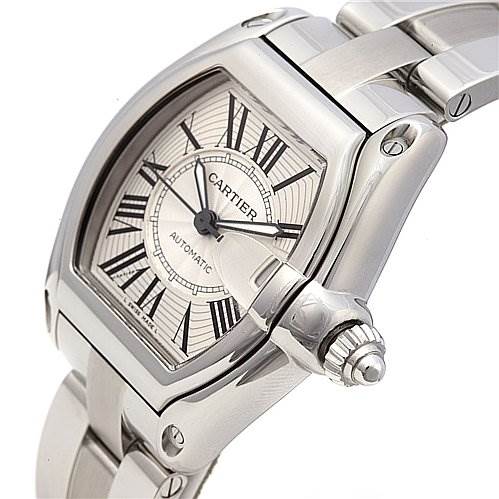 The image shows a close-up angle of the Cartier Roadster W62025V3 Men's Stainless Steel Silver Dial W62025V3 Men's Stainless Steel Silver Dial watch, highlighting its face, bezel, crown, and part of the bracelet.