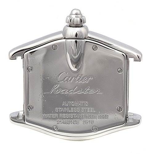 The image shows the back case of a Cartier Roadster W62025V3 Men's Stainless Steel Silver Dial W62025V3 Men's Stainless Steel Silver Dial watch, emphasizing the brand name, model, material, and water resistance details.