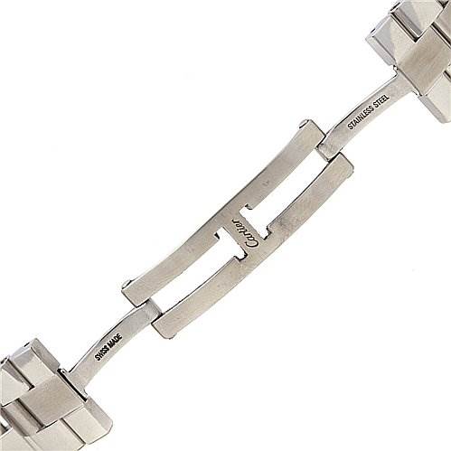 The image shows a close-up view of the stainless steel clasp of a Cartier Roadster W62025V3 Men's Stainless Steel Silver Dial W62025V3 Men's Stainless Steel Silver Dial watch bracelet.