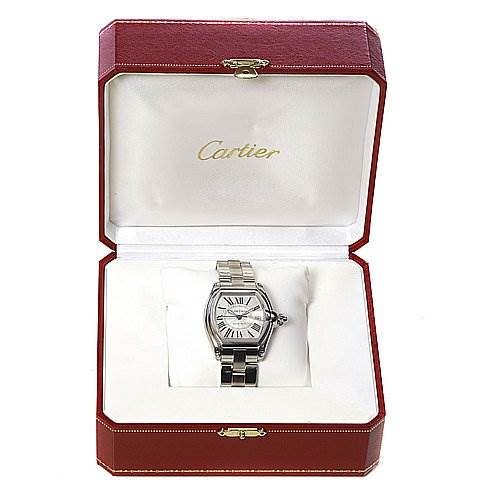 The image shows a Cartier Roadster W62025V3 Men's Stainless Steel Silver Dial W62025V3 Men's Stainless Steel Silver Dial watch from a frontal angle, displayed in a red Cartier box.