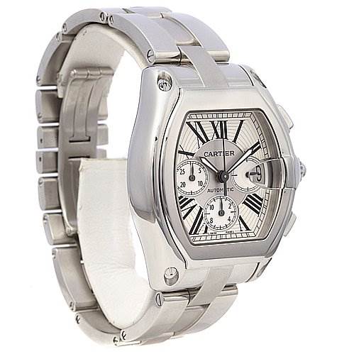 This image shows a Cartier Roadster W62020X6 Men's Stainless Steel Silver Dial W62020X6 Men's Stainless Steel Silver Dial watch angled slightly from the front displaying the face, dial, and bracelet.