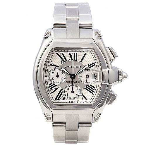 The image shows a front view of a Cartier Roadster W62020X6 Men's Stainless Steel Silver Dial W62020X6 Men's Stainless Steel Silver Dial watch, displaying its face, hands, chronograph sub-dials, and bracelet.
