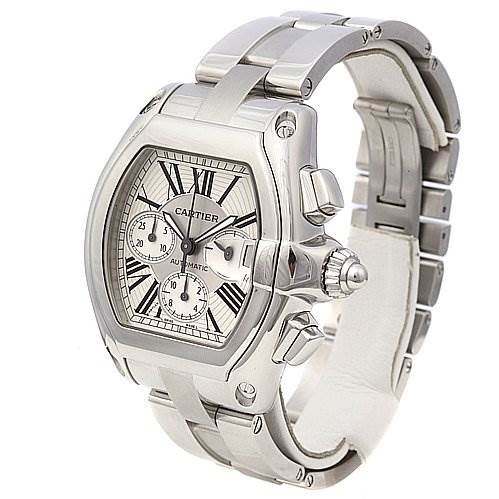 This image shows a Cartier Roadster W62020X6 Men's Stainless Steel Silver Dial W62020X6 Men's Stainless Steel Silver Dial watch from an angled view, displaying its face, bezel, crown, chronograph buttons, and metal bracelet.