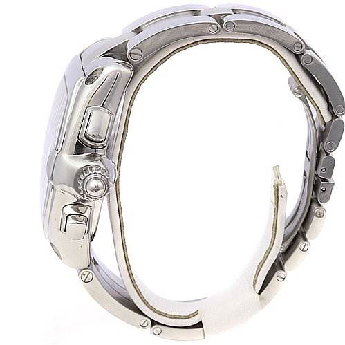 This image shows a side view of a Cartier Roadster W62020X6 Men's Stainless Steel Silver Dial W62020X6 Men's Stainless Steel Silver Dial watch, displaying the crown, pushers, and part of the bracelet.