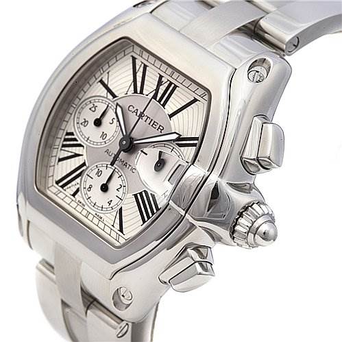 The image shows a close-up angled view of a Cartier Roadster W62020X6 Men's Stainless Steel Silver Dial W62020X6 Men's Stainless Steel Silver Dial watch, highlighting the dial, pushers, crown, and part of the bracelet.