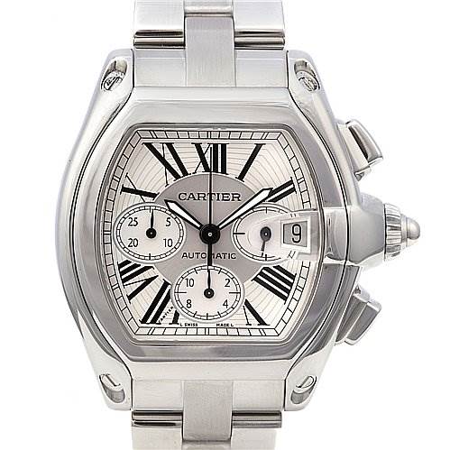This image shows the front view of the Cartier Roadster W62020X6 Men's Stainless Steel Silver Dial W62020X6 Men's Stainless Steel Silver Dial model watch, displaying its dial, sub-dials, date window, and bracelet.
