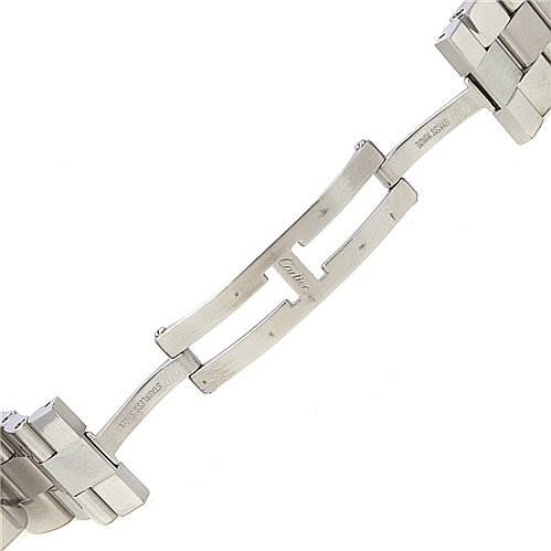 This image shows the metal bracelet and clasp mechanism of the Cartier Roadster W62020X6 Men's Stainless Steel Silver Dial W62020X6 Men's Stainless Steel Silver Dial watch from a close-up angle.
