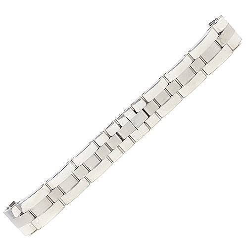 This is a straight-on view of a stainless steel bracelet for the Roadster model by Cartier.