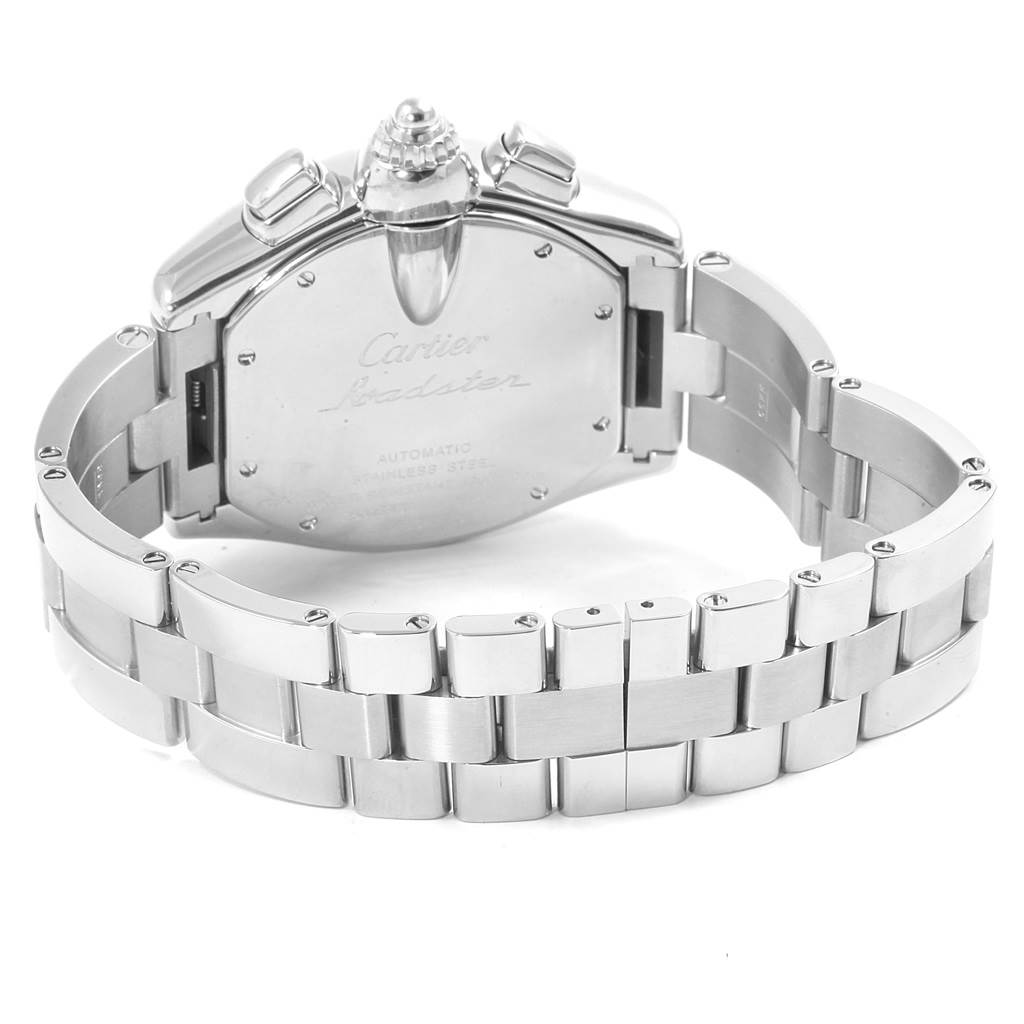 The image shows the back view of the Cartier Roadster W62019X6 Men
s Stainless Steel Silver Dial W62019X6 Men
s Stainless Steel Silver Dial watch, highlighting its case, crown, and stainless steel bracelet.