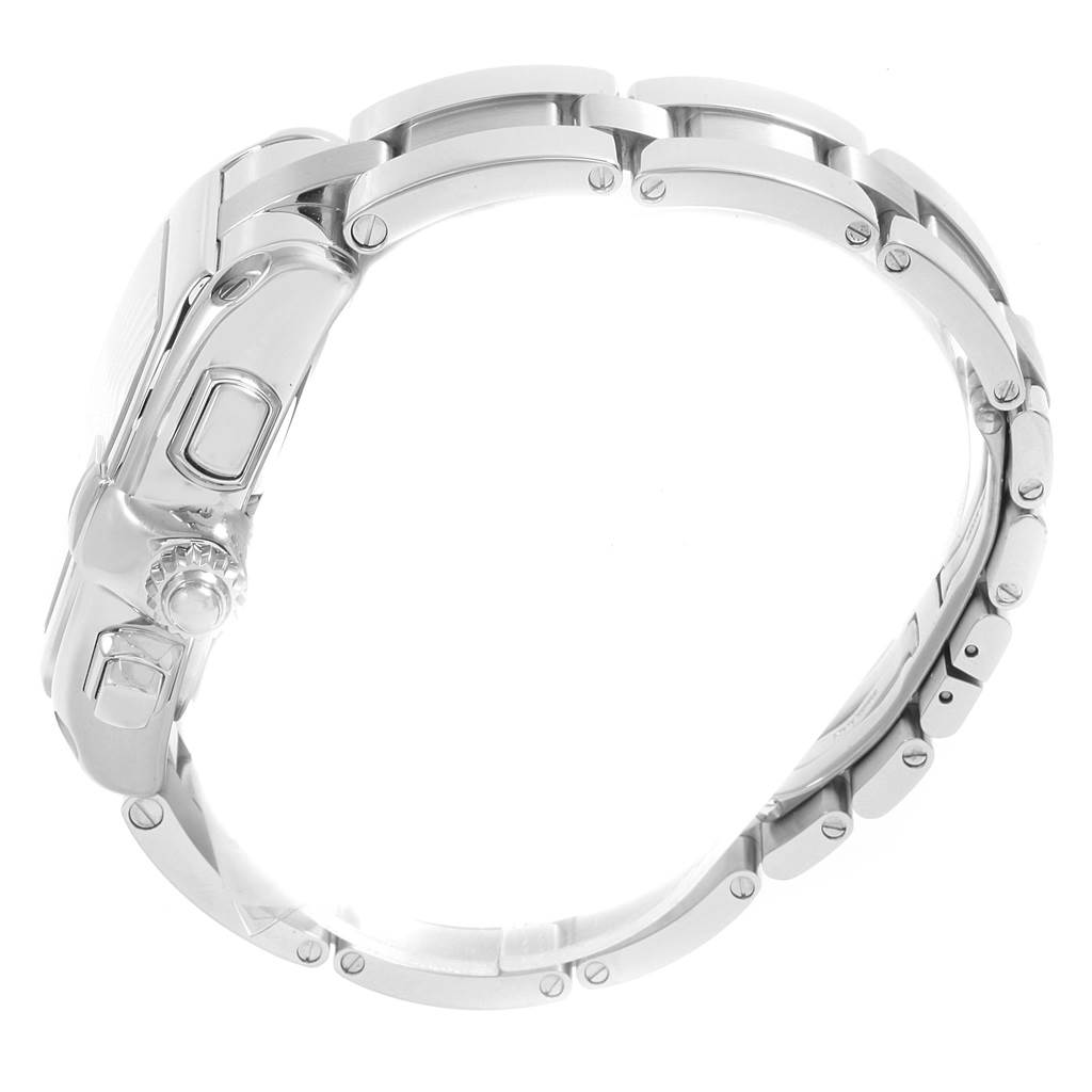 The image shows a side view of the Cartier Roadster W62019X6 Men
s Stainless Steel Silver Dial W62019X6 Men
s Stainless Steel Silver Dial watch, highlighting the bracelet and the crown.