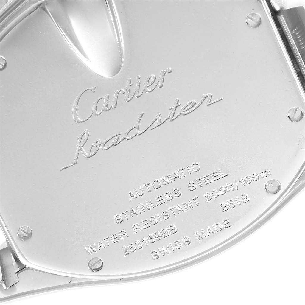This image shows the back case of a Cartier Roadster W62019X6 Men
s Stainless Steel Silver Dial W62019X6 Men
s Stainless Steel Silver Dial watch, featuring engraved specifications.