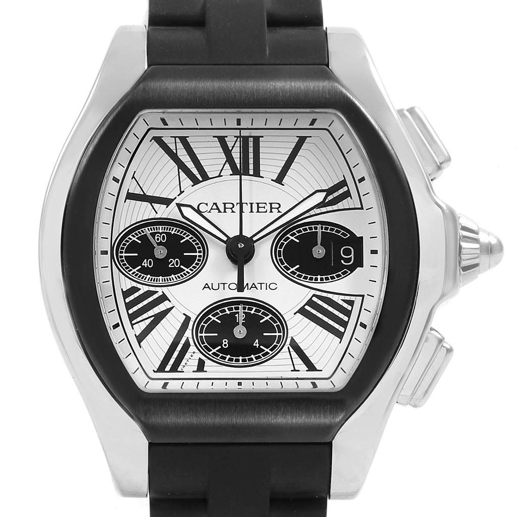 The image shows the front view of a Cartier Roadster W6206020 Men
s Stainless Steel Silver Dial W6206020 Men
s Stainless Steel Silver Dial model watch, highlighting its dial, hands, and subdials.