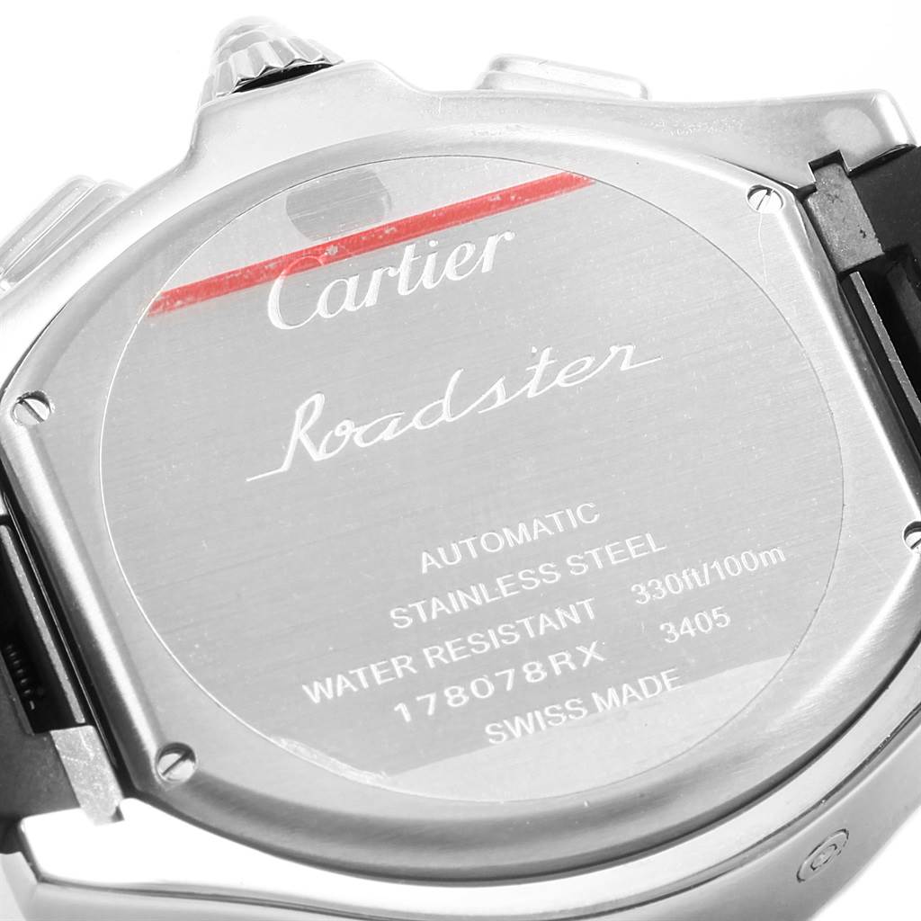 The image shows the back of a Cartier Roadster W6206020 Men
s Stainless Steel Silver Dial W6206020 Men
s Stainless Steel Silver Dial watch, highlighting its branding, water resistance, and material details.