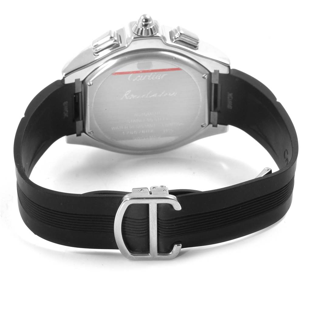 The image shows the back view of the Cartier Roadster W6206020 Men
s Stainless Steel Silver Dial W6206020 Men
s Stainless Steel Silver Dial watch, highlighting the casing and rubber strap with a metal clasp.