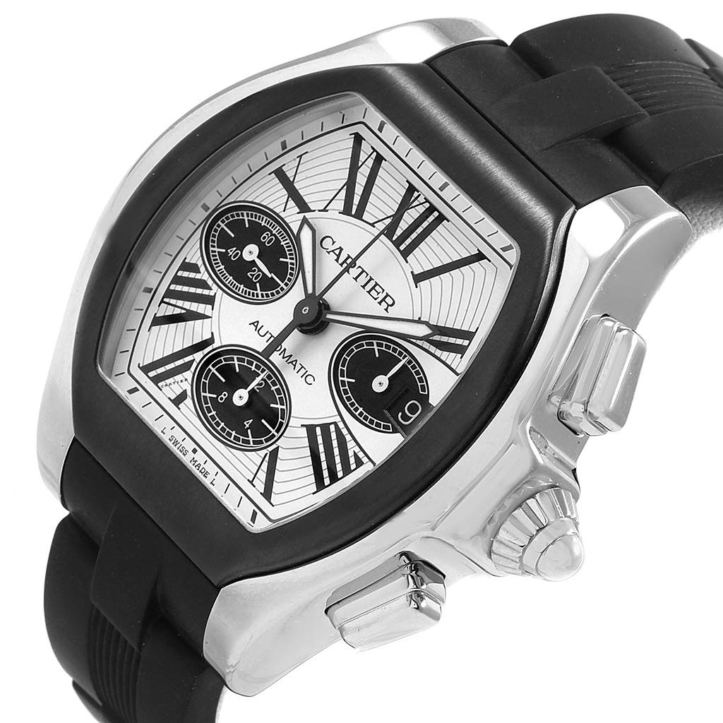 The image shows a Cartier Roadster W6206020 Men
s Stainless Steel Silver Dial W6206020 Men
s Stainless Steel Silver Dial watch, angled to display the face, bezel, and part of the rubber strap.