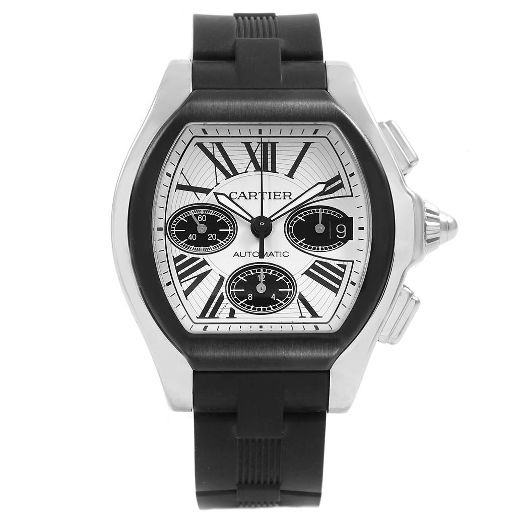 This image shows a front view of the Cartier Roadster W6206020 Men
s Stainless Steel Silver Dial W6206020 Men
s Stainless Steel Silver Dial watch, highlighting its dial, case, and rubber strap.