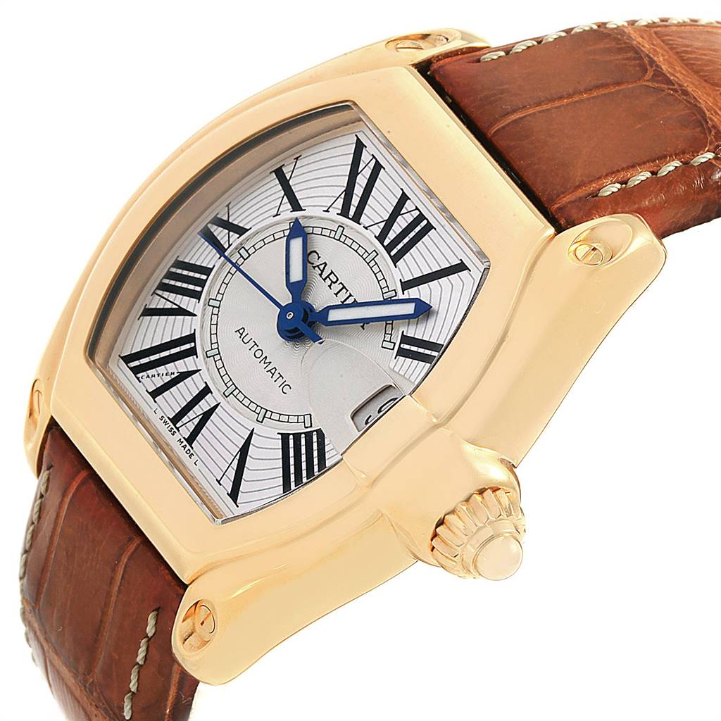 The image shows a close-up view of the dial, crown, and leather strap of the Cartier Roadster W62005V2 Men's Yellow Gold Silver Dial W62005V2 Men's Yellow Gold Silver Dial watch.