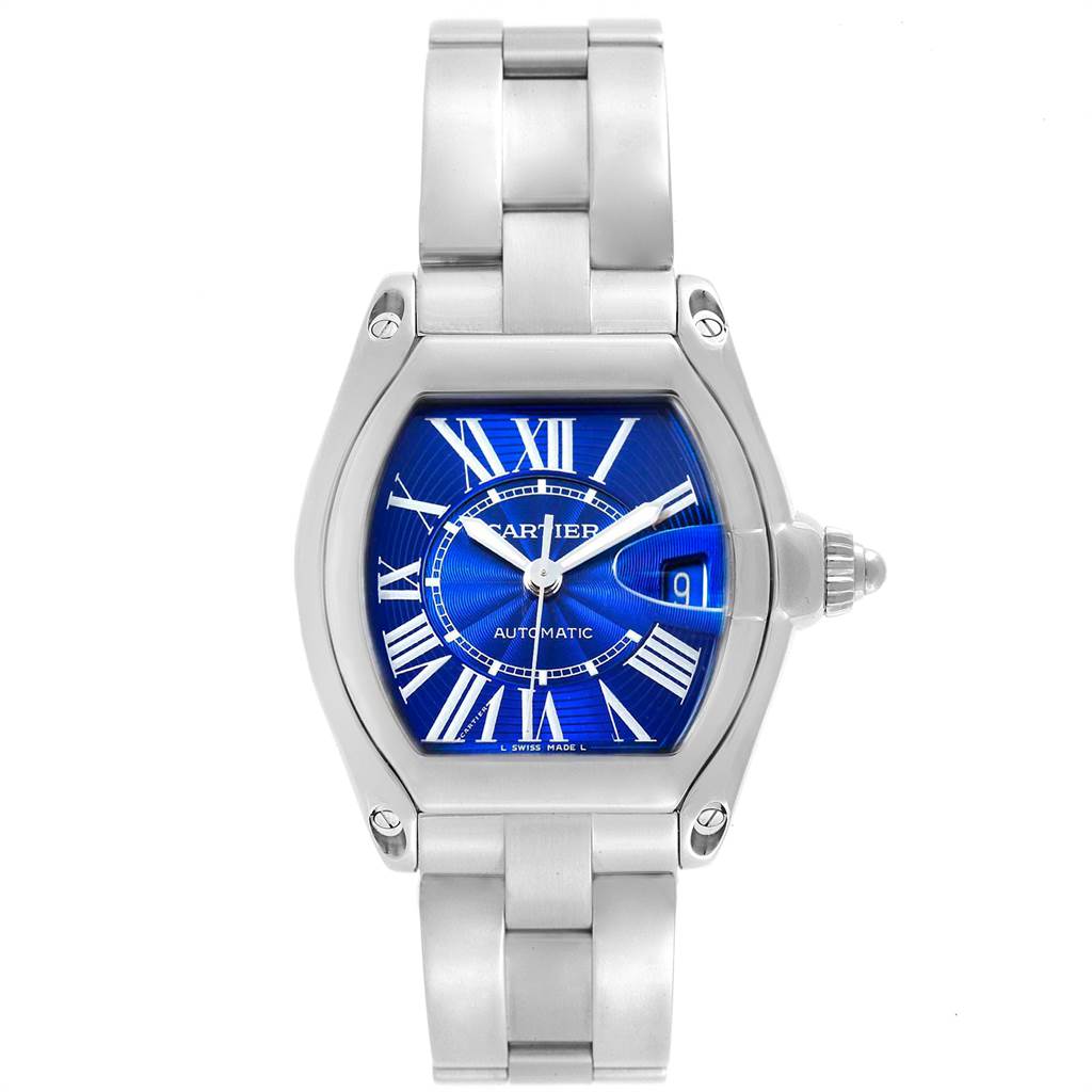 The image shows a front view of the Cartier Roadster W62048V3 Men's Stainless Steel Blue Dial W62048V3 Men's Stainless Steel Blue Dial watch, displaying its blue dial, silver bracelet, and date window.