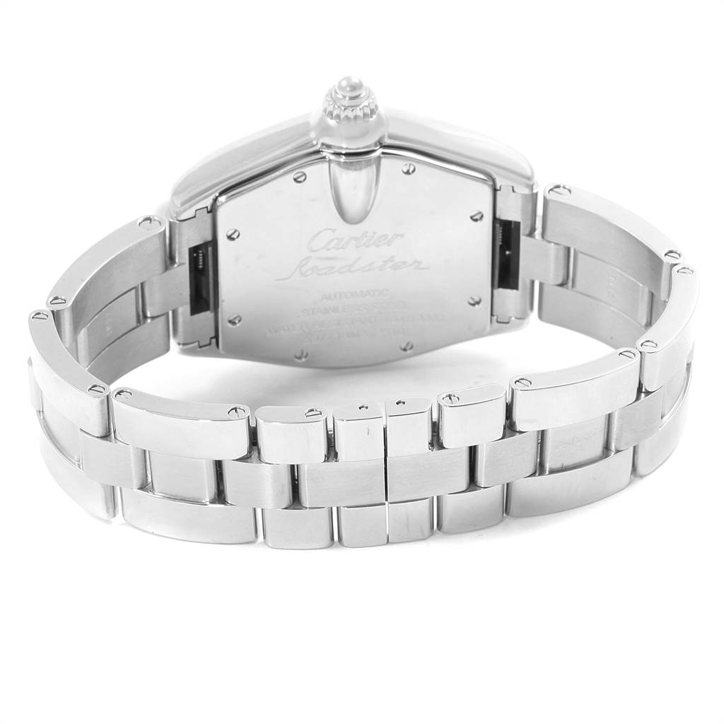 The image shows the back case and stainless steel bracelet of a Cartier Roadster W62048V3 Men's Stainless Steel Blue Dial W62048V3 Men's Stainless Steel Blue Dial watch.