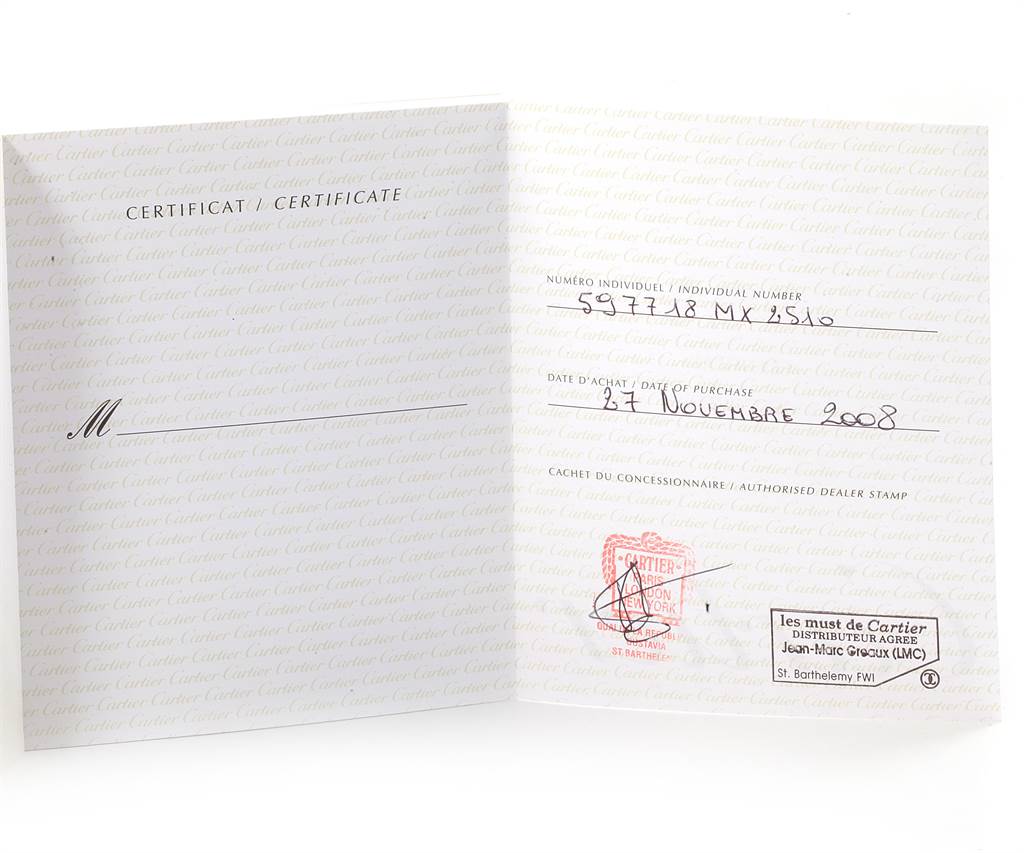 This image shows the certificate of authenticity and purchase details for a Cartier Roadster W62048V3 Men's Stainless Steel Blue Dial W62048V3 Men's Stainless Steel Blue Dial watch.