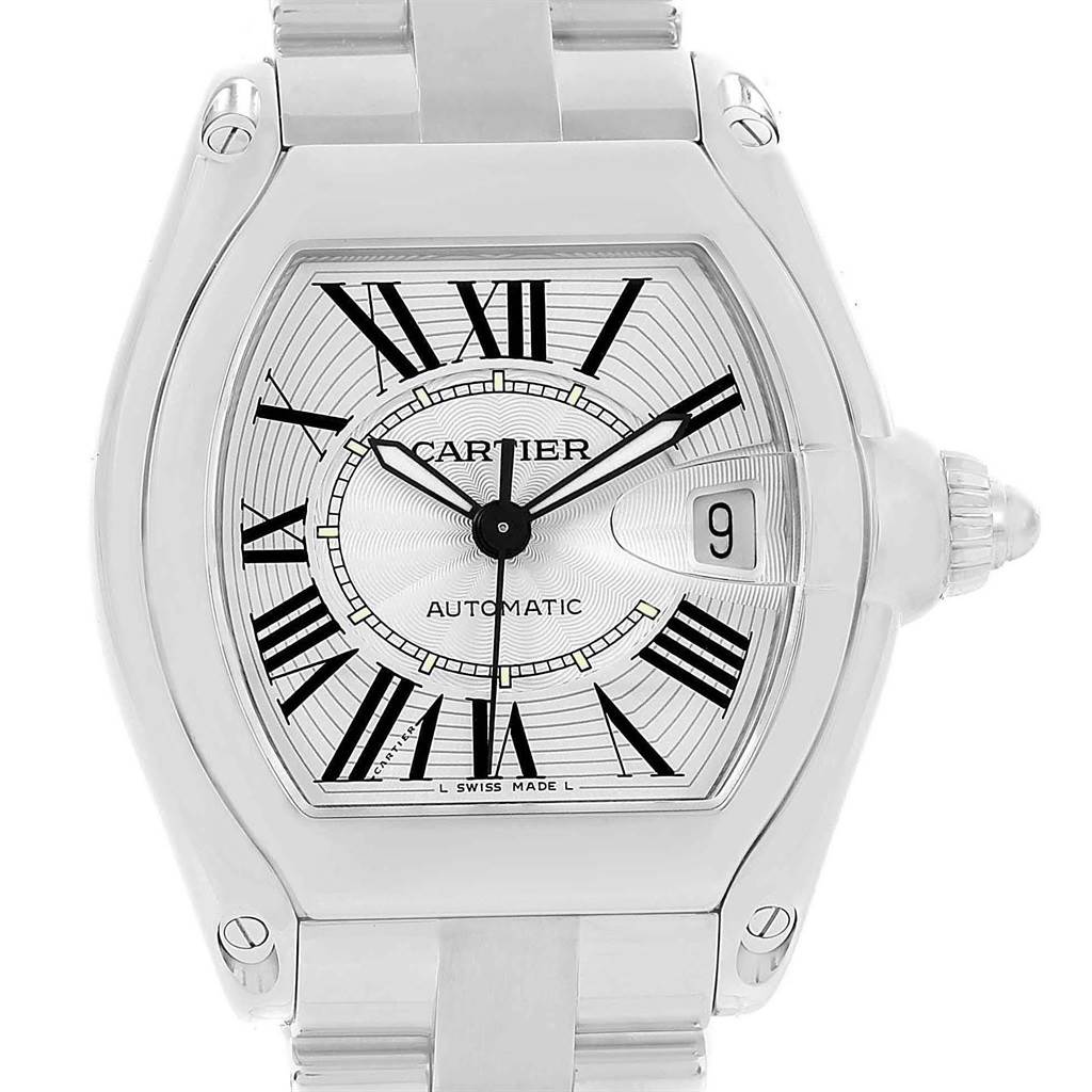 The image shows a front view of the Cartier Roadster W62025V3 Men
s Stainless Steel Silver Dial W62025V3 Men
s Stainless Steel Silver Dial watch, highlighting its dial, bezel, and part of the bracelet.