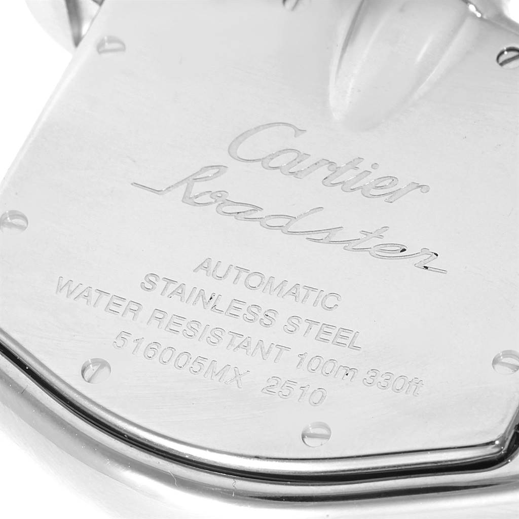 The image shows the back case of the Cartier Roadster W62025V3 Men
s Stainless Steel Silver Dial W62025V3 Men
s Stainless Steel Silver Dial watch, highlighting the engravings.