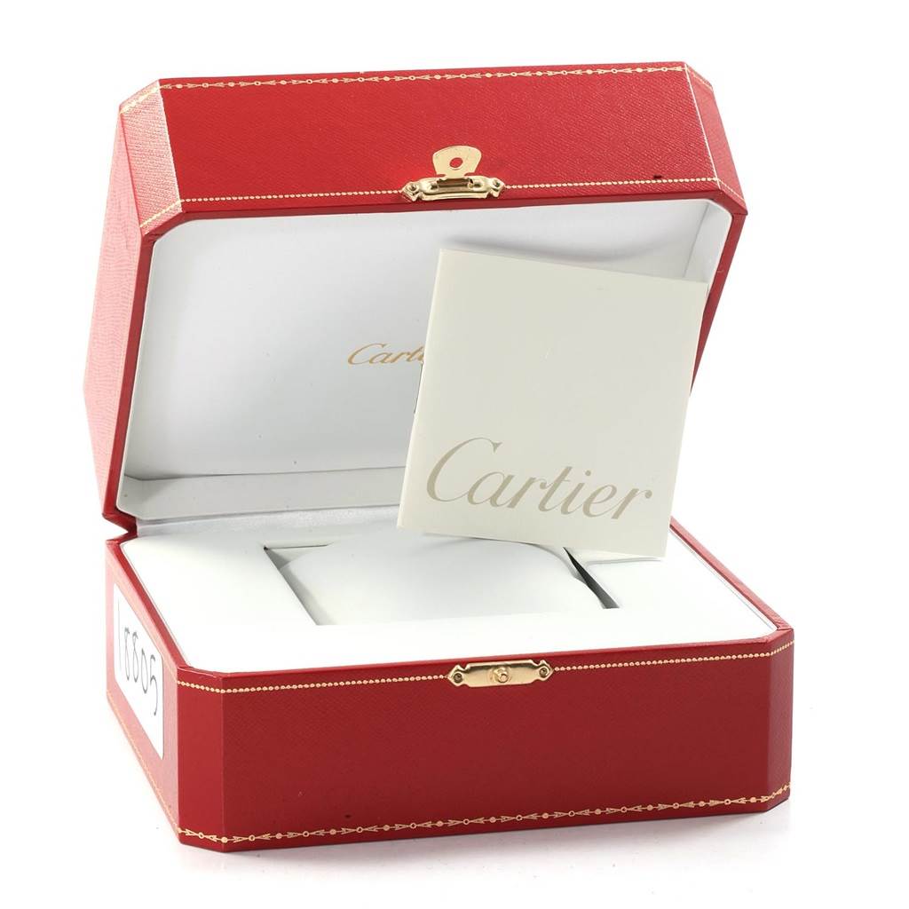 The image shows the packaging and paperwork for a Cartier Roadster W62025V3 Men
s Stainless Steel Silver Dial W62025V3 Men
s Stainless Steel Silver Dial watch.