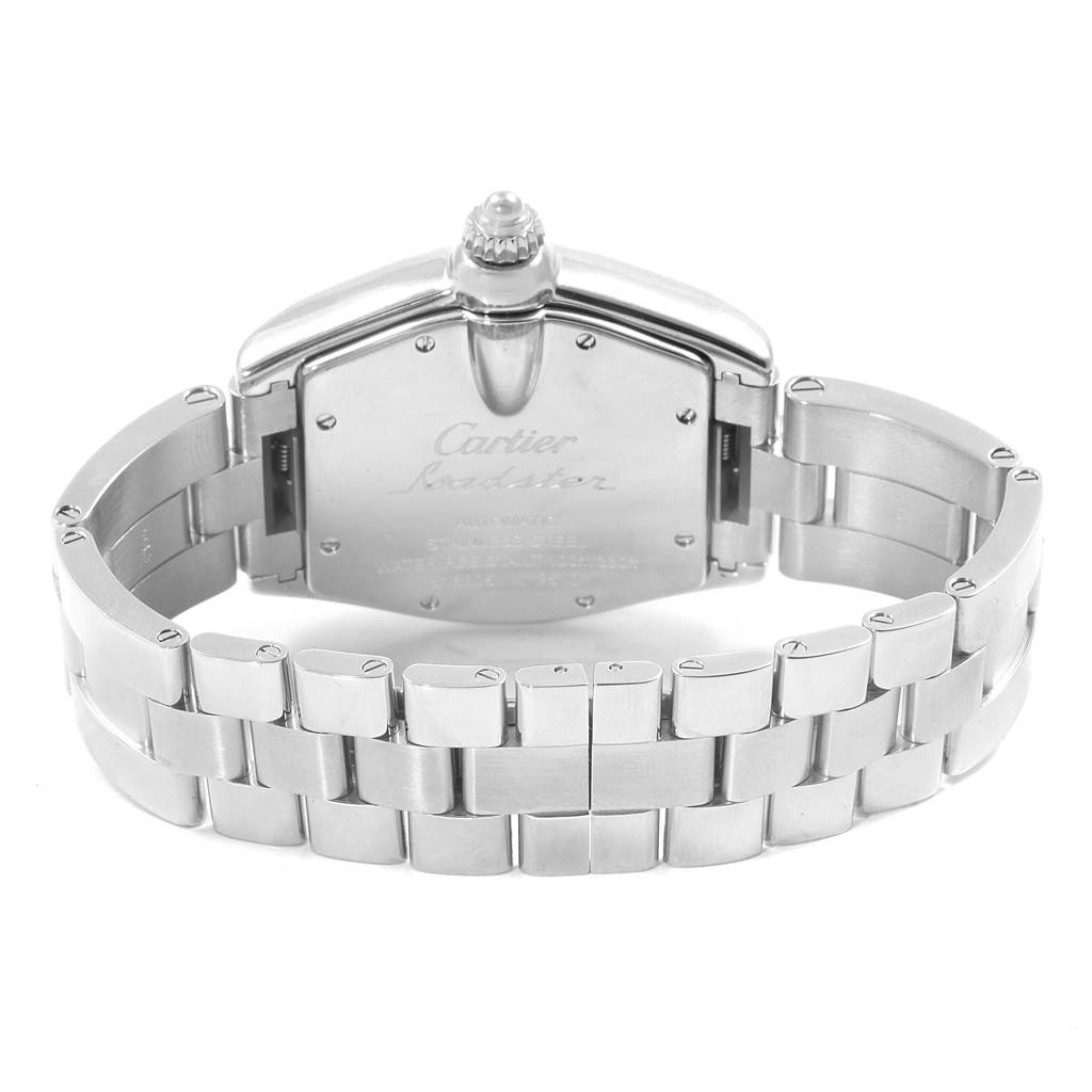 The image shows the back of the Cartier Roadster W62025V3 Men
s Stainless Steel Silver Dial W62025V3 Men
s Stainless Steel Silver Dial watch, highlighting the case back and metal bracelet.