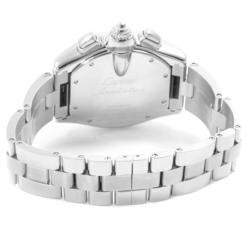 The image shows the back view of a Cartier Roadster W62020X6 Men's Stainless Steel Black Dial W62020X6 Men's Stainless Steel Black Dial watch, specifically highlighting the case and stainless steel bracelet.