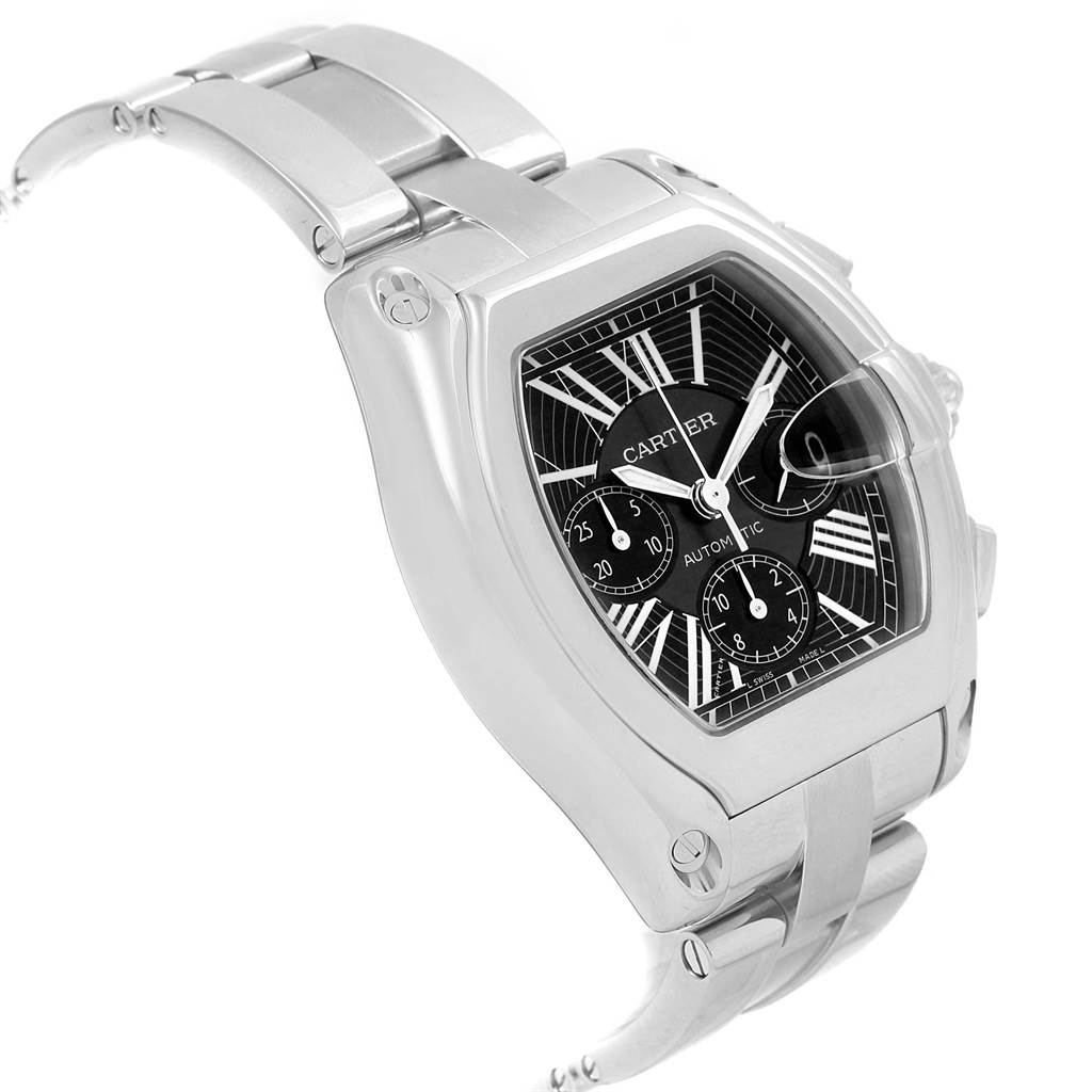 The image shows a Cartier Roadster W62020X6 Men's Stainless Steel Black Dial W62020X6 Men's Stainless Steel Black Dial watch at an angle highlighting its face, strap, and crown.
