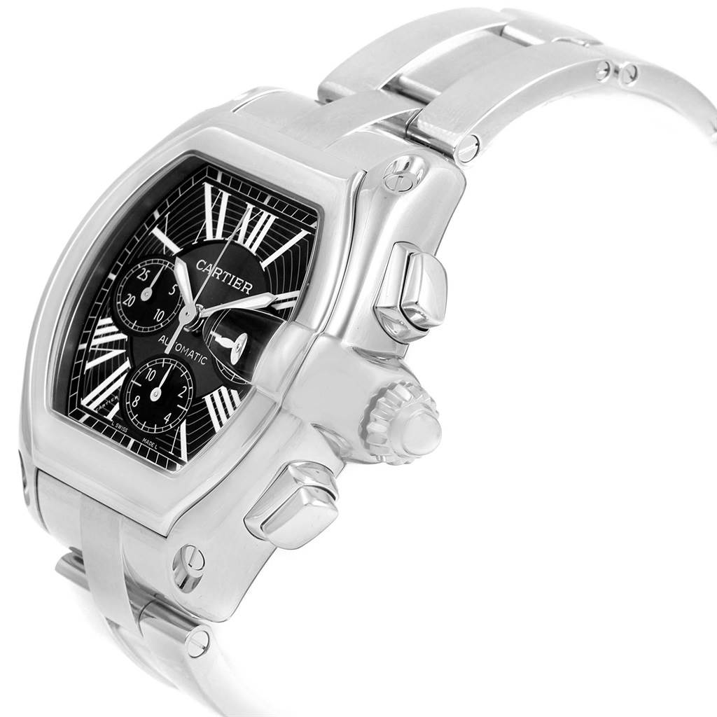This image shows a side view of the Cartier Roadster W62020X6 Men's Stainless Steel Black Dial W62020X6 Men's Stainless Steel Black Dial watch, highlighting its case, dial, crown, and part of the bracelet.