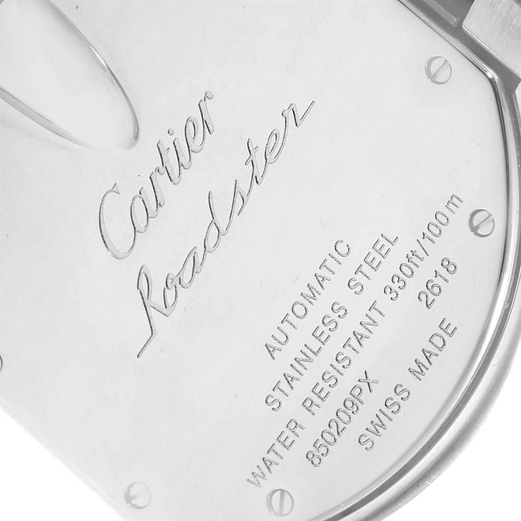 The image shows the back case of a Cartier Roadster W62020X6 Men's Stainless Steel Black Dial W62020X6 Men's Stainless Steel Black Dial watch, detailing its specifications.