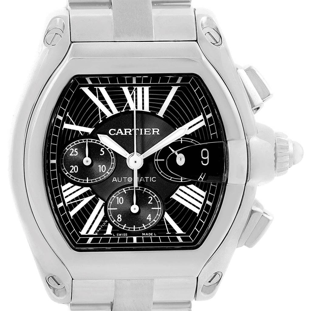 The image shows a Cartier Roadster W62020X6 Men's Stainless Steel Black Dial W62020X6 Men's Stainless Steel Black Dial watch from a front angle, highlighting the dial, case, and partial bracelet.