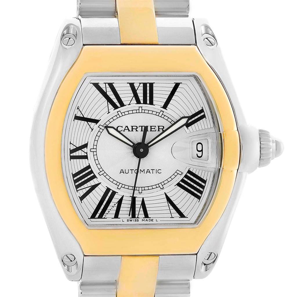 The image shows a frontal view of the Cartier Roadster W62031Y4 Men
s Steel and Gold (two tone) Silver Dial W62031Y4 Men
s Steel and Gold (two tone) Silver Dial watch, including its dial, bezel, and part of the bracelet.