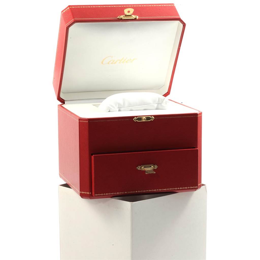 The image shows an open Cartier watch box for the Roadster model, with a cushion inside and a lower drawer.