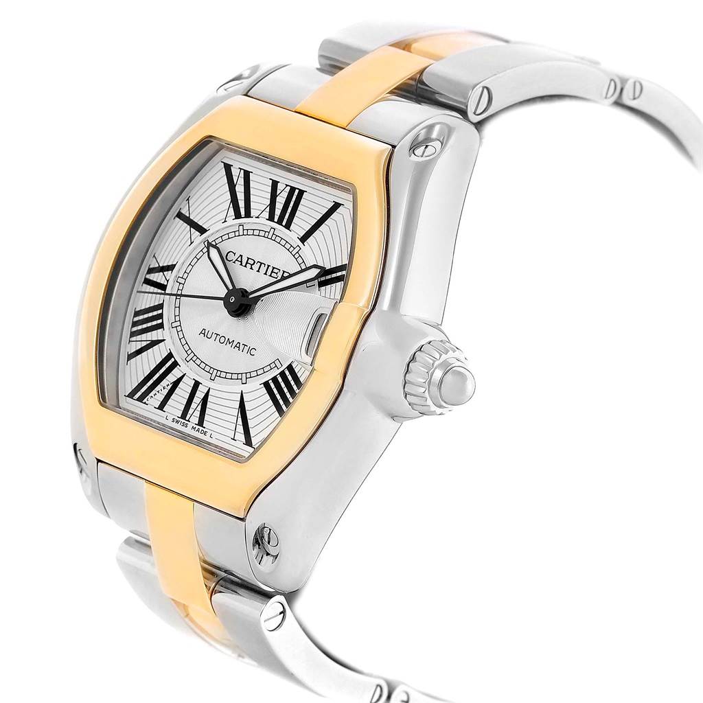 This image shows a Cartier Roadster W62031Y4 Men
s Steel and Gold (two tone) Silver Dial W62031Y4 Men
s Steel and Gold (two tone) Silver Dial watch from an angled side view, highlighting the crown, case, and part of the bracelet.