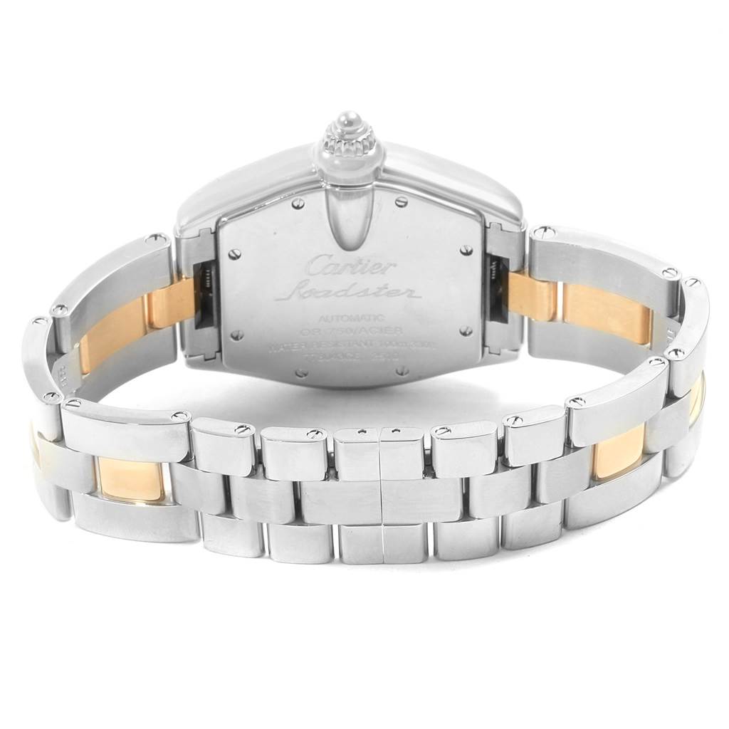 This image shows the back view of the Cartier Roadster W62031Y4 Men
s Steel and Gold (two tone) Silver Dial W62031Y4 Men
s Steel and Gold (two tone) Silver Dial watch, highlighting its case back and metal bracelet.