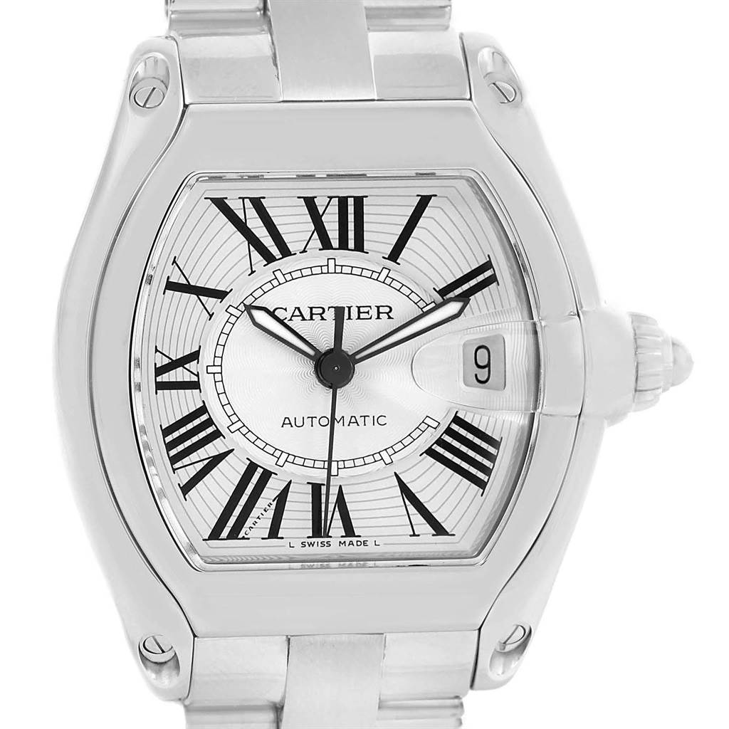 The image shows the front view of the Cartier Roadster W62025V3 Men
s Stainless Steel Silver Dial W62025V3 Men
s Stainless Steel Silver Dial model watch, highlighting the dial, case, and part of the bracelet.