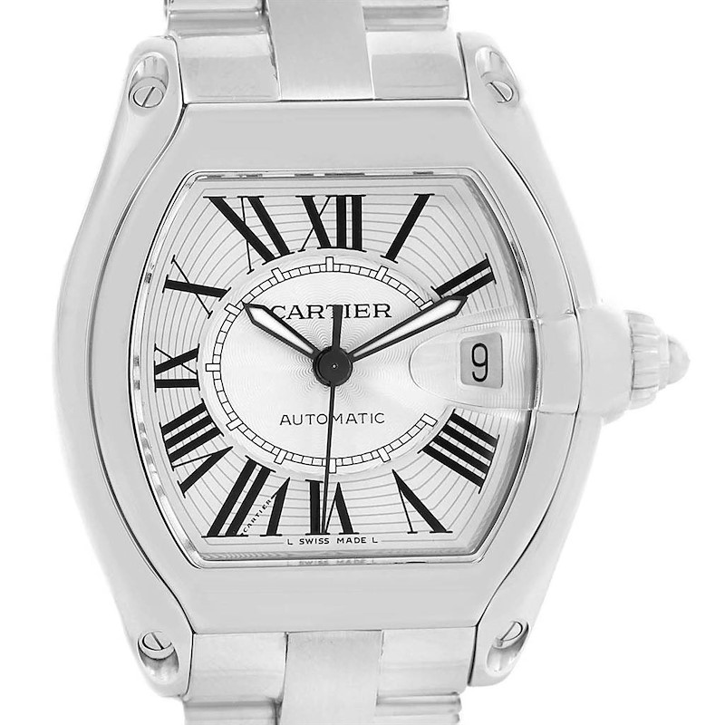 Cartier Roadster Silver Dial Steel Mens Watch W62025V3 Box Papers SwissWatchExpo