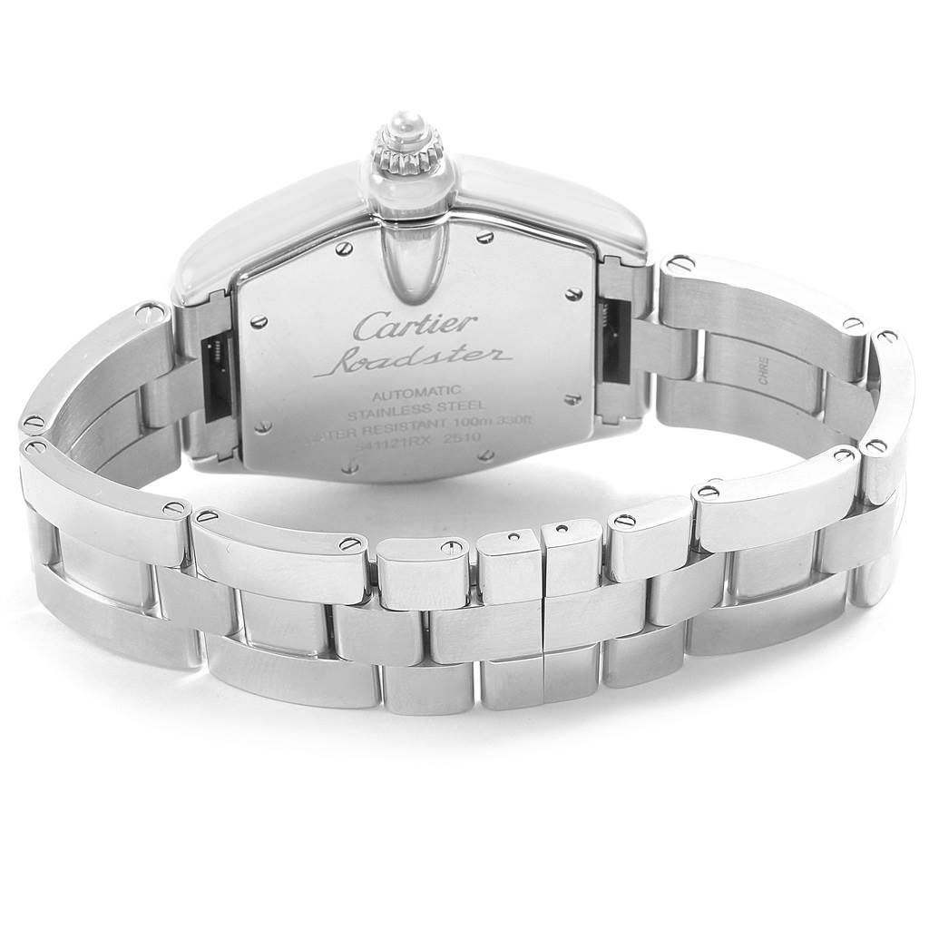 The image shows the back of the Cartier Roadster W62025V3 Men
s Stainless Steel Silver Dial W62025V3 Men
s Stainless Steel Silver Dial watch, highlighting its stainless steel bracelet and case back.