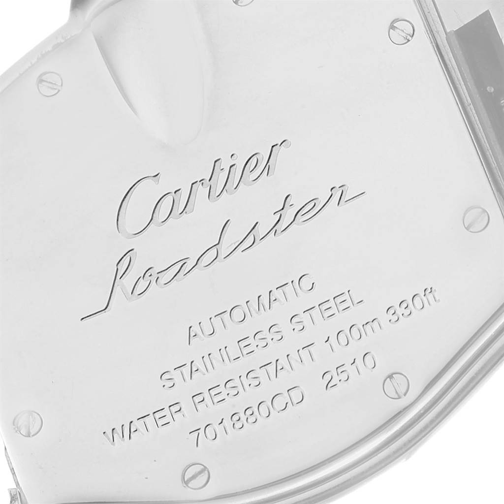 The image shows the back casing of a Cartier Roadster W62002V3 Men
s Stainless Steel Black Dial W62002V3 Men
s Stainless Steel Black Dial watch, highlighting its branding and specifications.