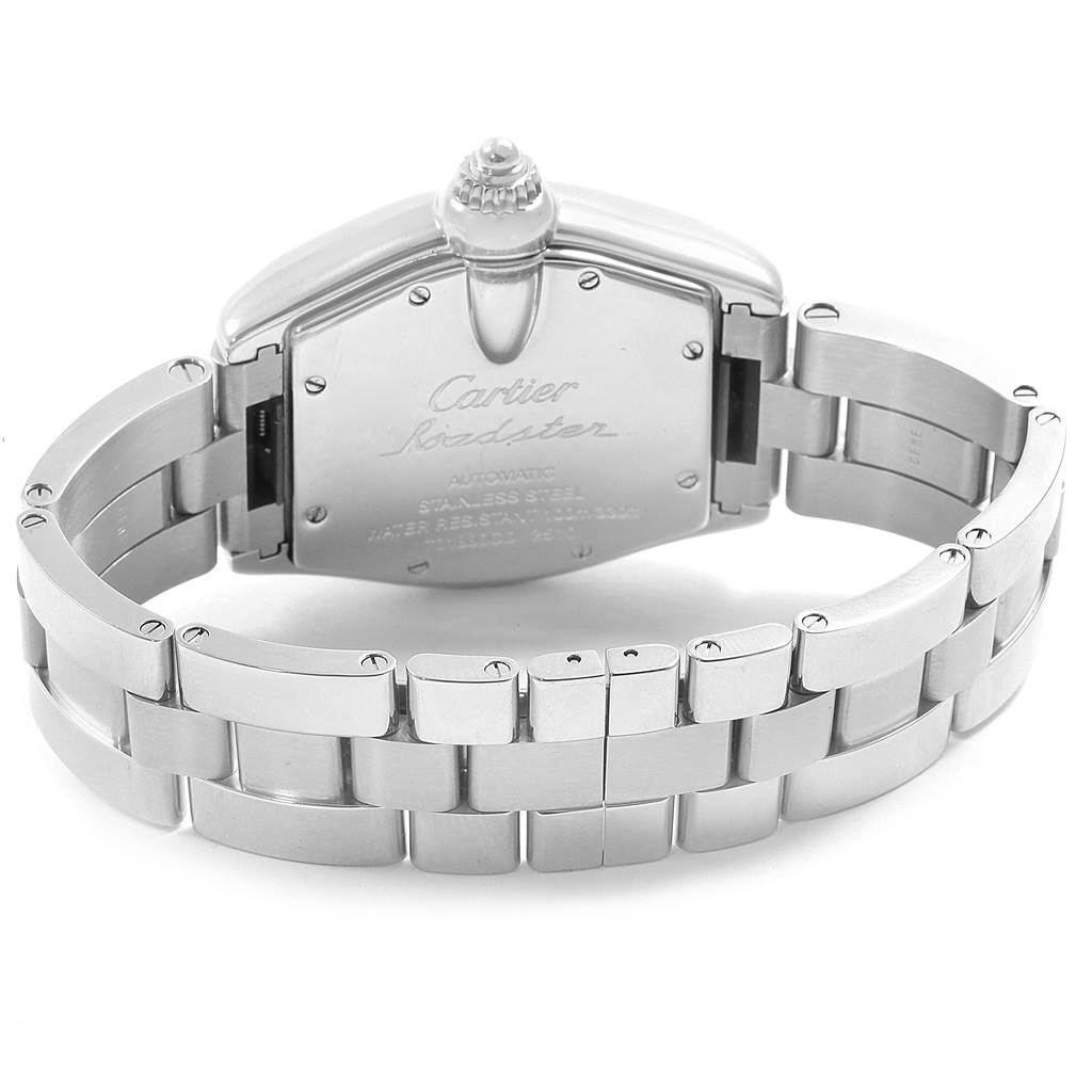 The image shows the back case and stainless steel bracelet of a Cartier Roadster W62002V3 Men
s Stainless Steel Black Dial W62002V3 Men
s Stainless Steel Black Dial watch, highlighting the model engraving.
