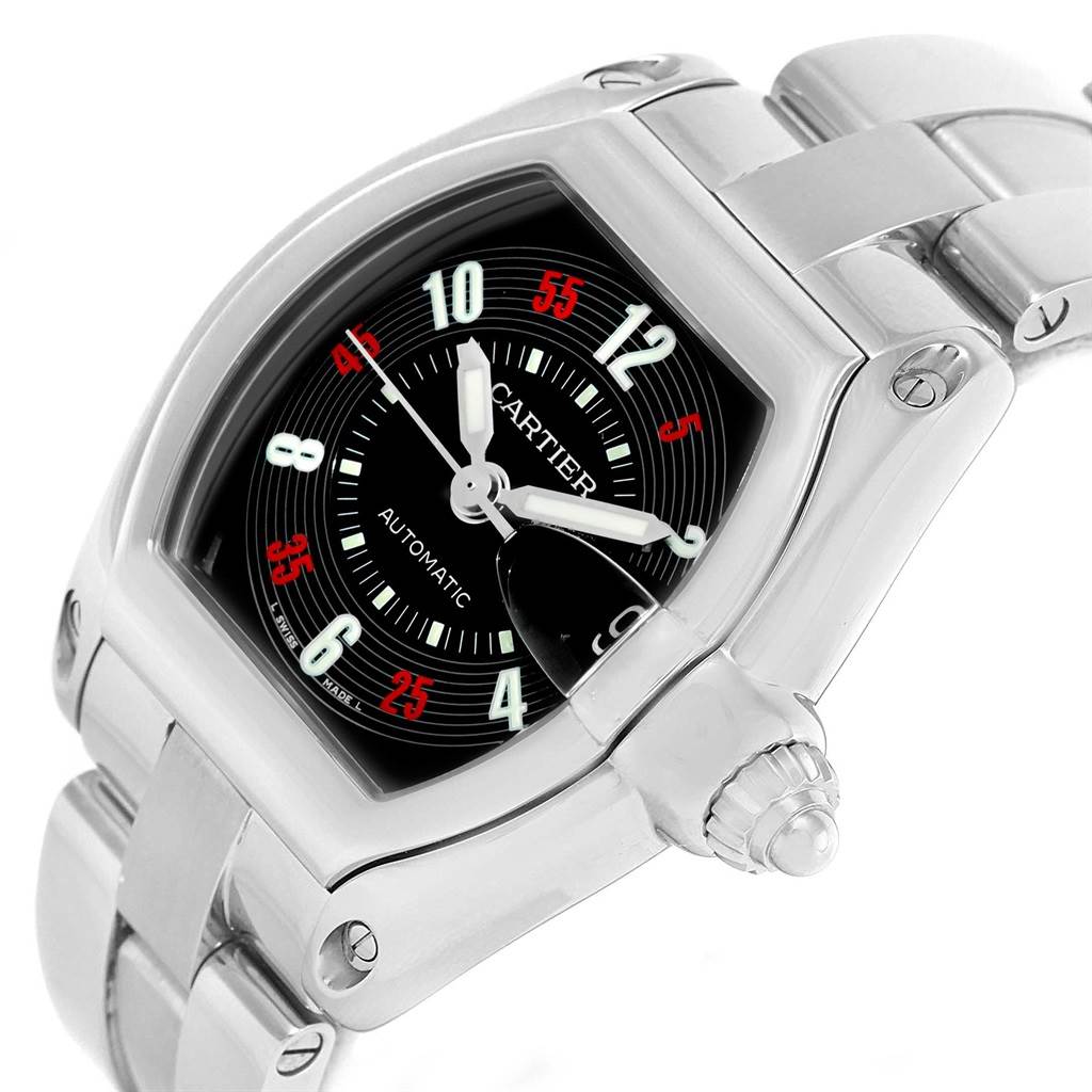 The Cartier Roadster W62002V3 Men
s Stainless Steel Black Dial W62002V3 Men
s Stainless Steel Black Dial watch is shown at an angled view, highlighting the face, bezel, crown, and part of the bracelet.