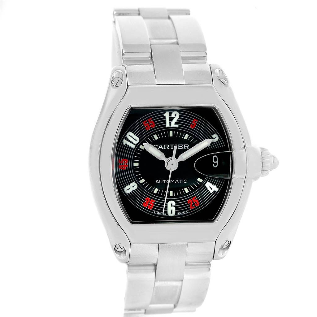 The image shows a Cartier Roadster W62002V3 Men
s Stainless Steel Black Dial W62002V3 Men
s Stainless Steel Black Dial watch from a front perspective, displaying the dial, bracelet, and crown.