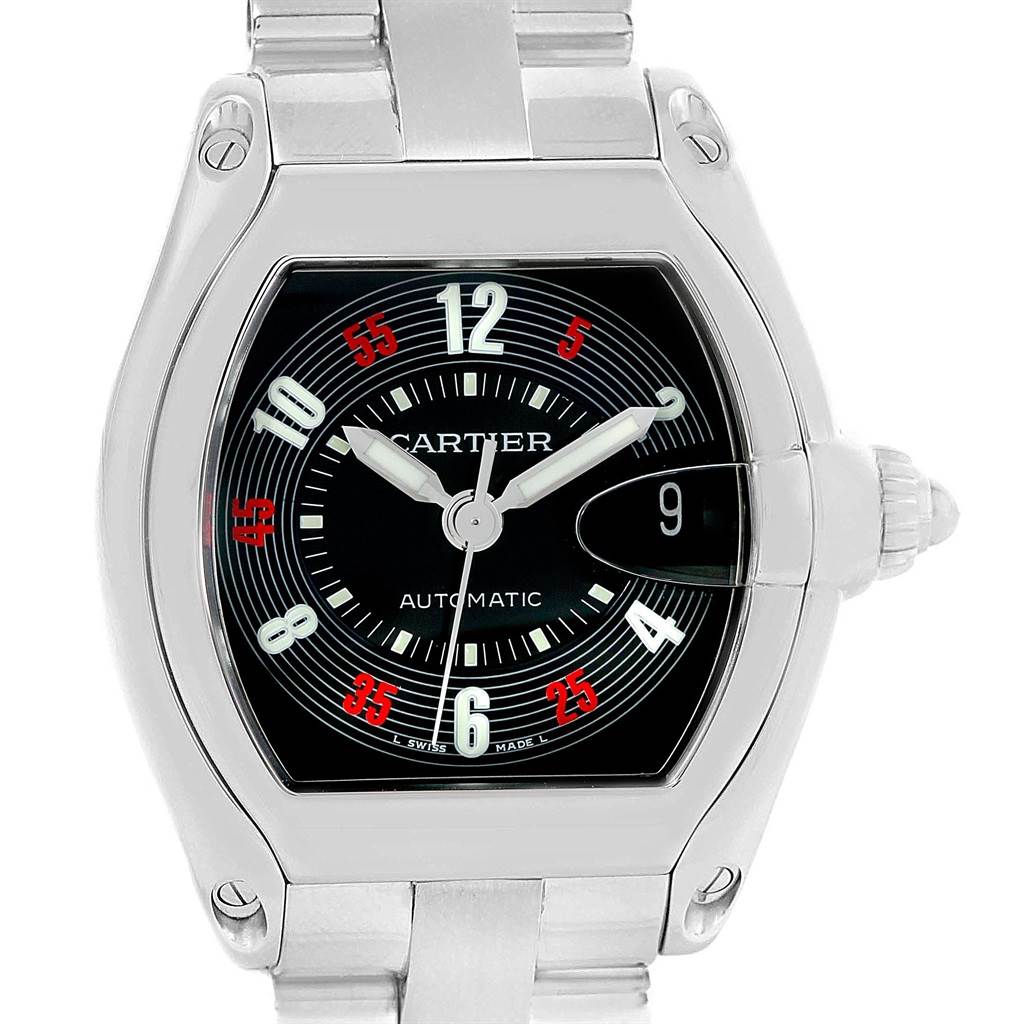 This image shows a front view of the Cartier Roadster W62002V3 Men
s Stainless Steel Black Dial W62002V3 Men
s Stainless Steel Black Dial watch, displaying its face, bezel, and part of the bracelet.