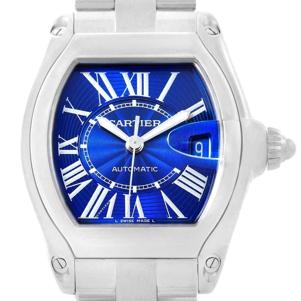 The image shows a Cartier Roadster W62048V3 Men's Stainless Steel Blue Dial W62048V3 Men's Stainless Steel Blue Dial model watch from a front angle, highlighting the dial, hands, and bracelet.